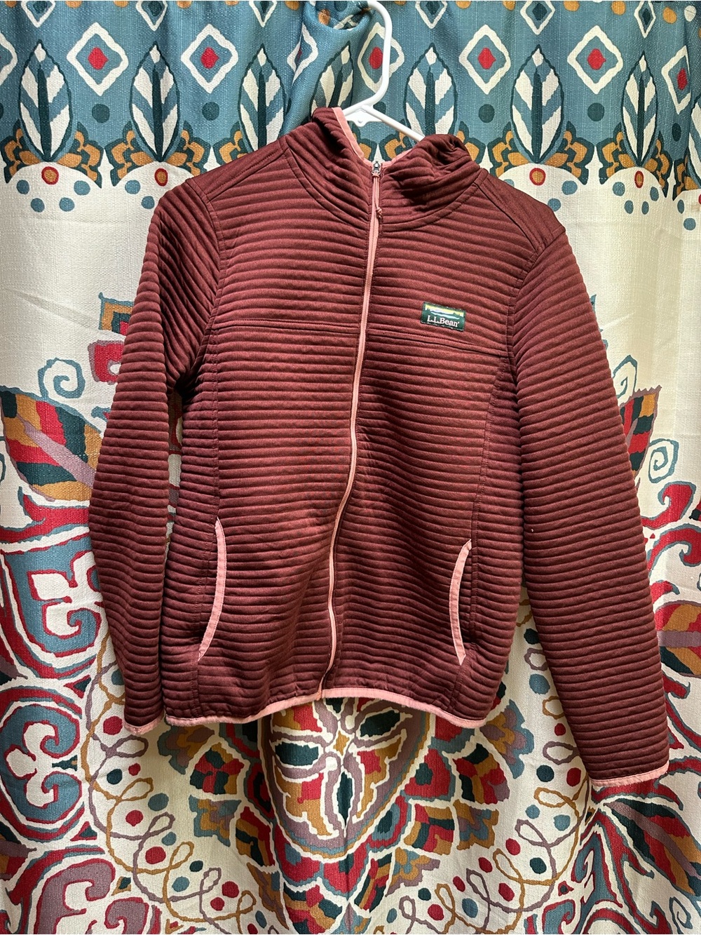 L.L.Bean Ribbed Zip Hoodie in Wine with Pink Trim